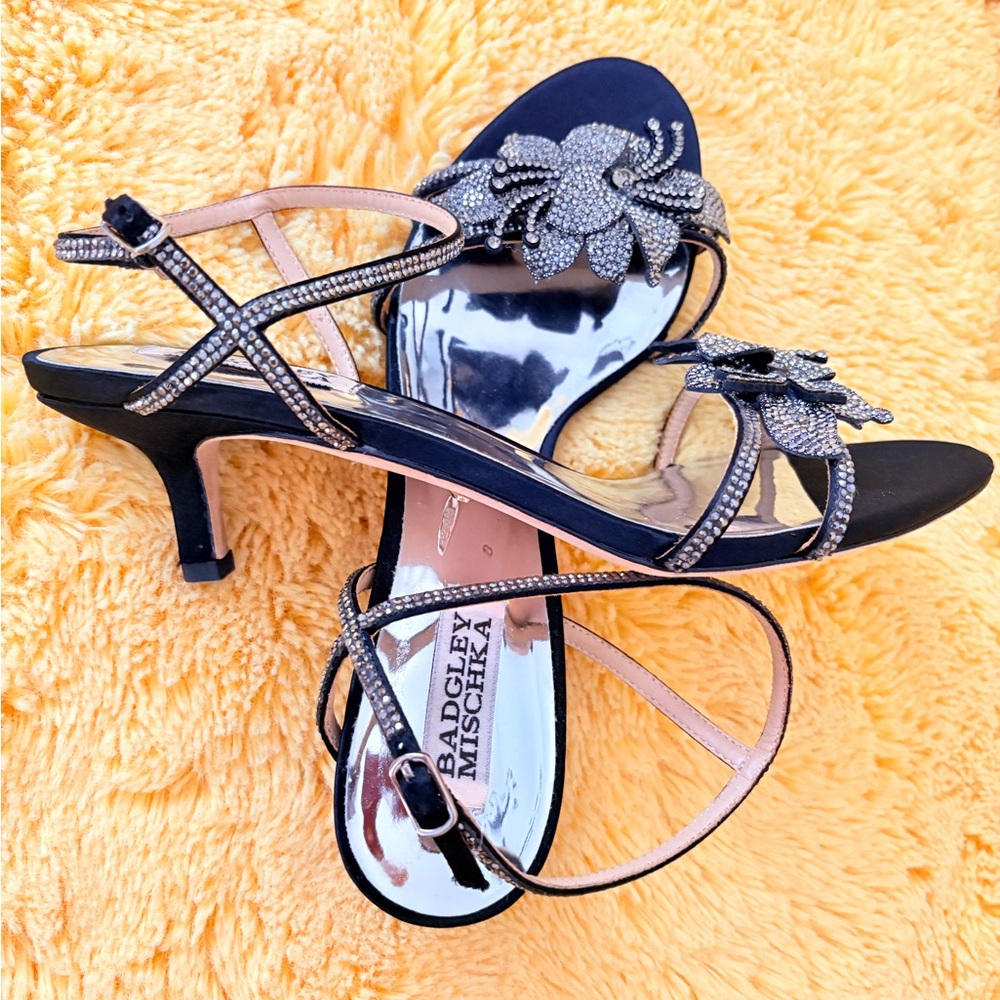 Badgley Mischka Black and Silver Rhinestone Floral Strappy Heel - Picture 6 of 6